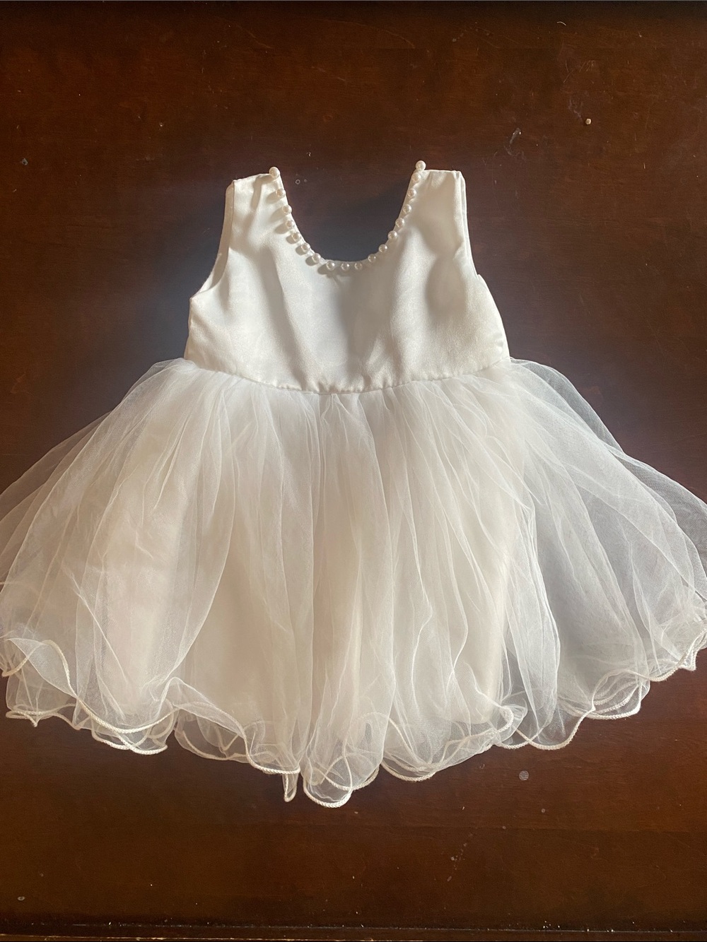 White Tulle Baby Girl Dress with Pearl Trim